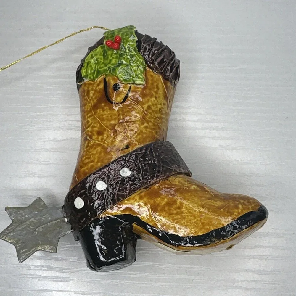 Paper Mache Cowboy Boot With Spur & Holly‎